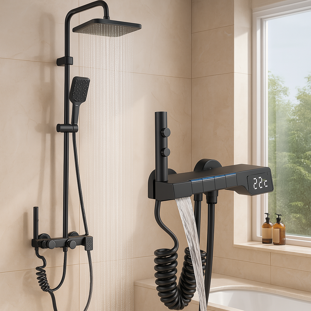 Ensemble de douche gris moderne – Grande pomme de douche avec commande en laiton pour combinaison bain et douche