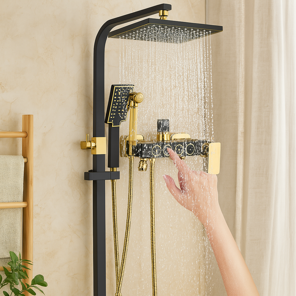 Ensemble de robinetterie de douche noir et or – Cabine de douche à pluie de 8 pouces avec sortie pour baignoire et douche à main