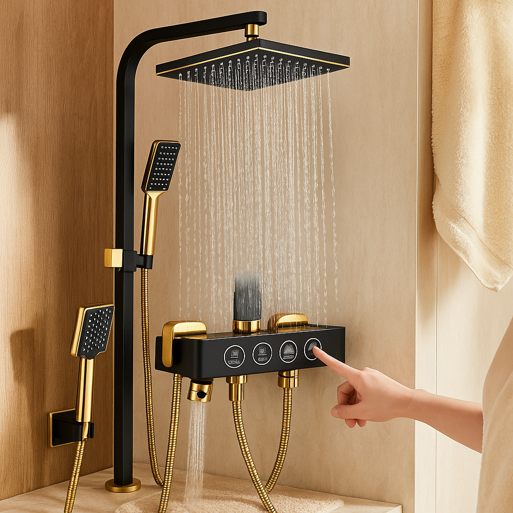 Ensemble de robinetterie de douche noir et or – Cabine de douche à pluie de 8 pouces avec sortie pour baignoire et douche à main