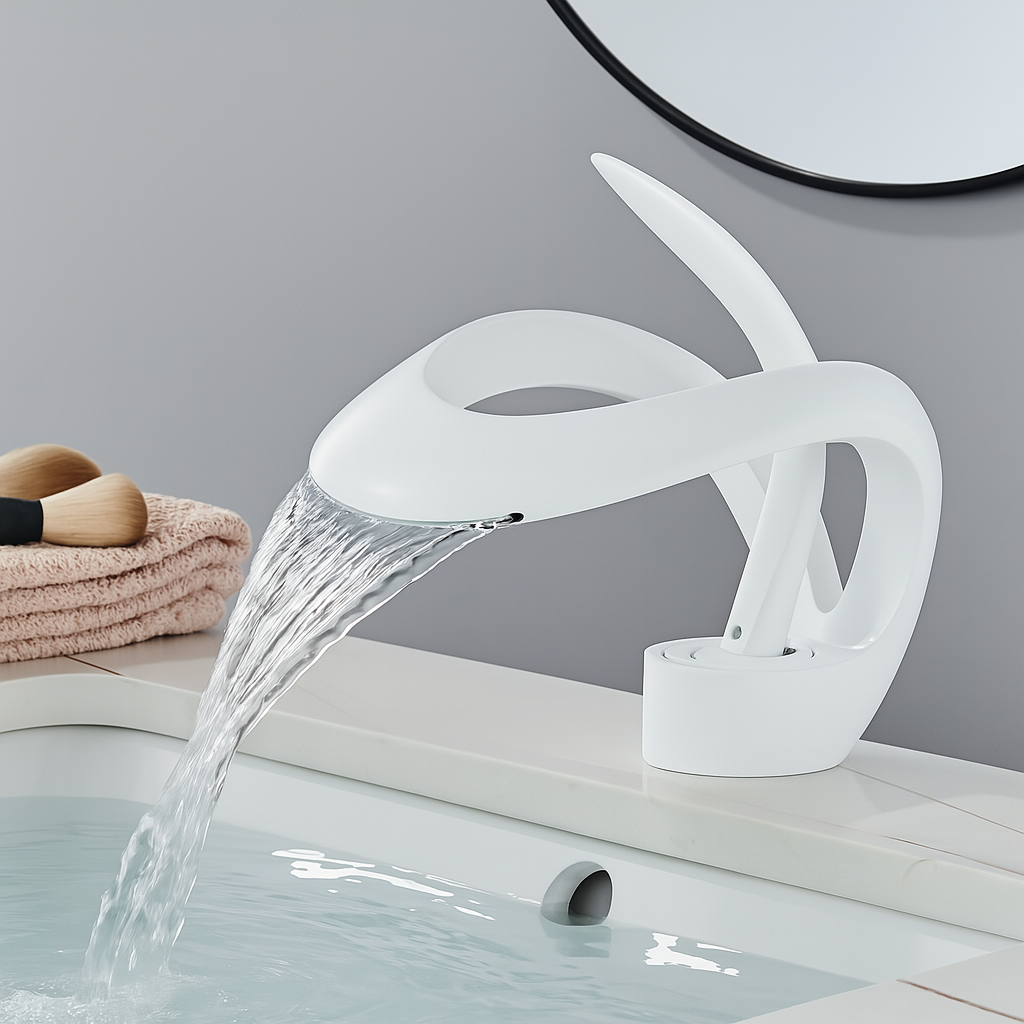 Robinet de salle de bain à cascade moderne – Mitigeur lavabo à levier chromé au design sculptural