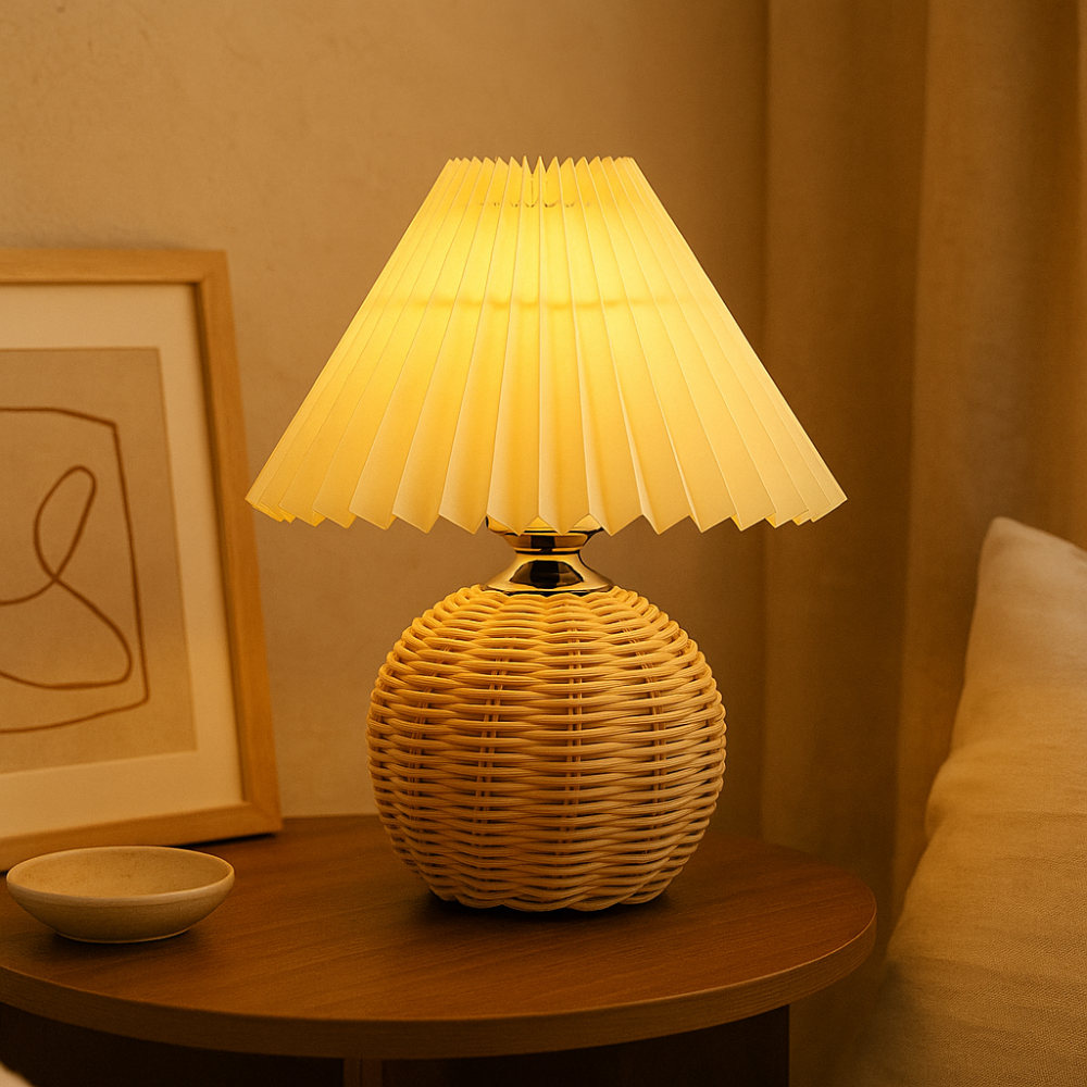 LumaFold - Lampe de table pliable en rotin à éclairage chaleureux