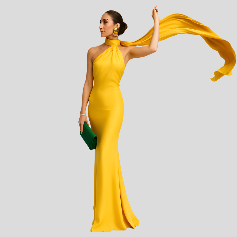 ÉléganceNocturne – Robe de soirée sophistiquée avec décolleté à nouer et dos ouvert