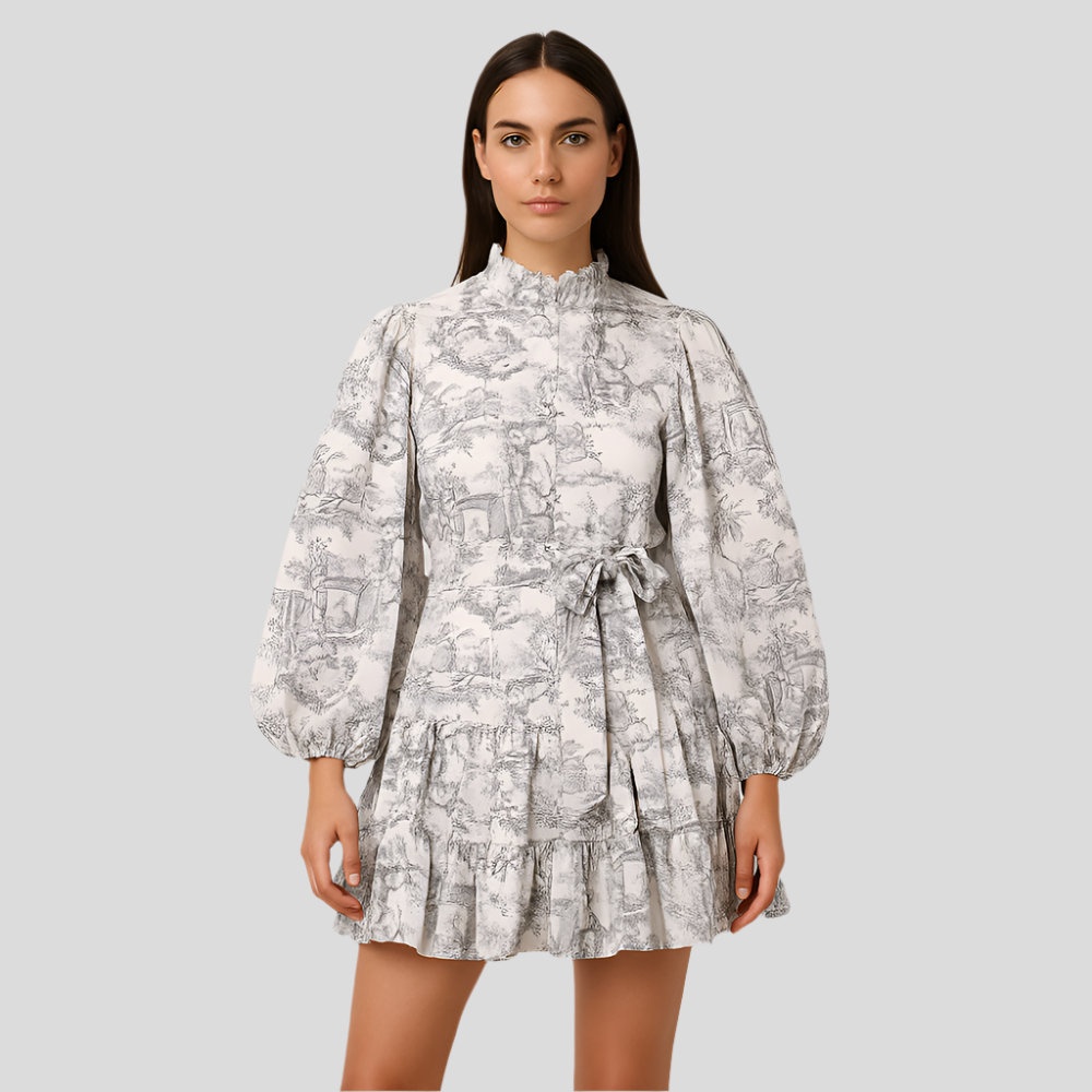 Robe trapèze bohème Solstice – Robe midi imprimée à manches longues bouffantes