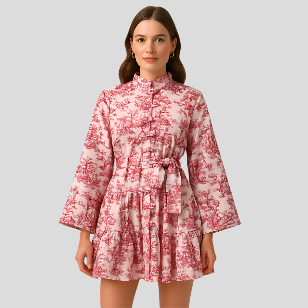 Robe trapèze bohème Solstice – Robe midi imprimée à manches longues bouffantes