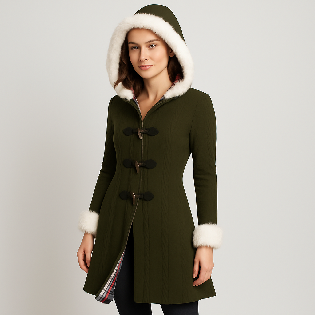 Selena | Manteau à capuche pour femme avec patchwork à carreaux et boutons en corne