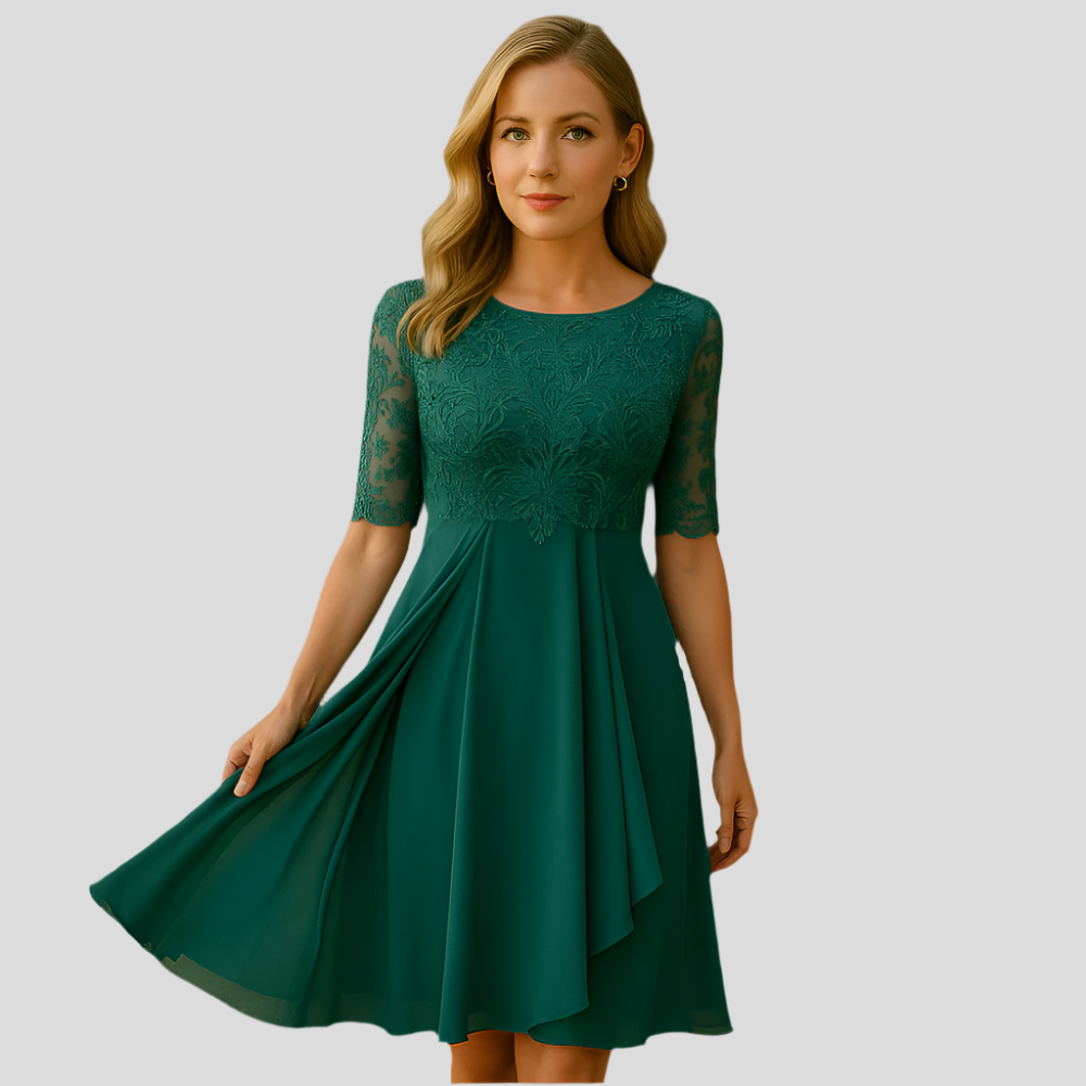 Robe de soirée blonde lumineuse longue au genou – manches courtes et design élégant