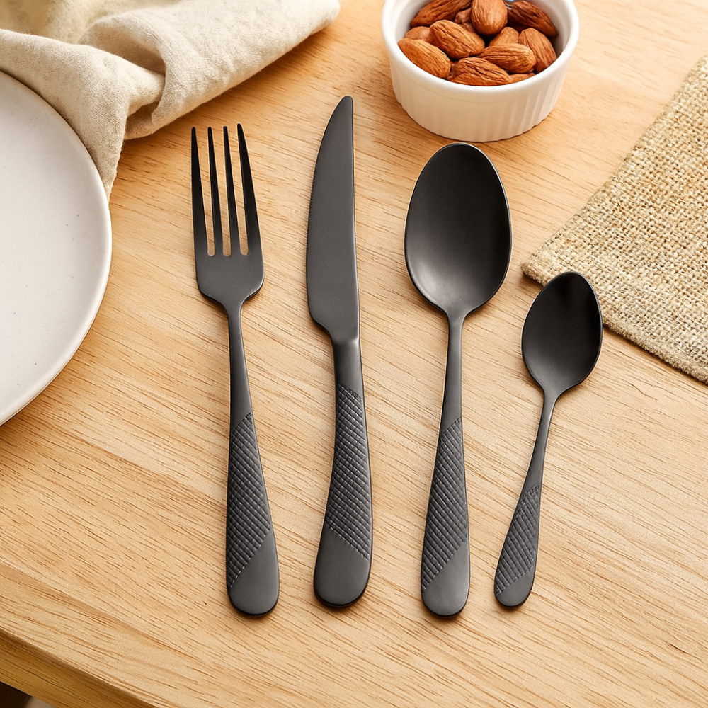 Service de table de 40 pièces en acier inoxydable noir Carver