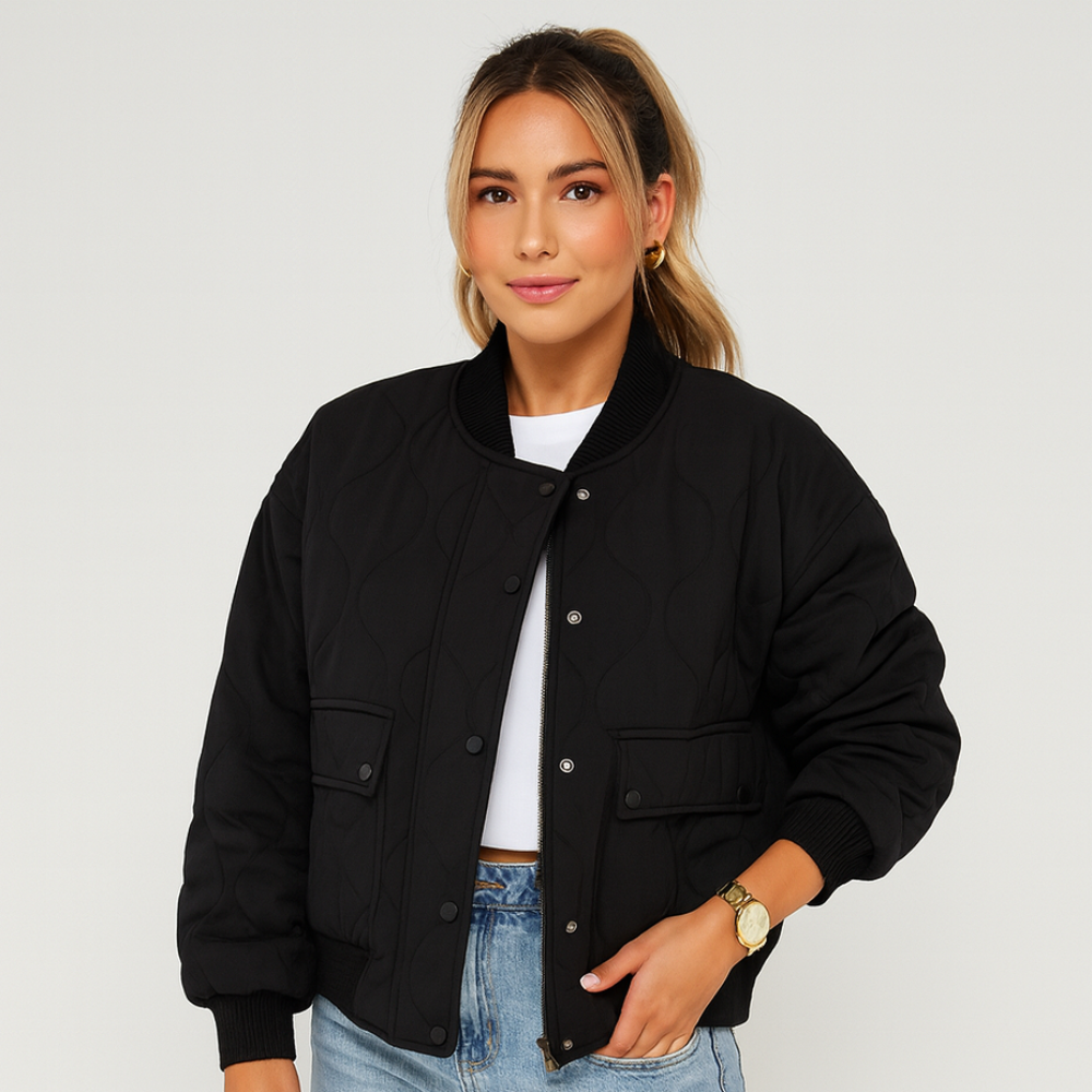 Veste bomber courte Karina – Ourlets côtelés et poches latérales pour femme
