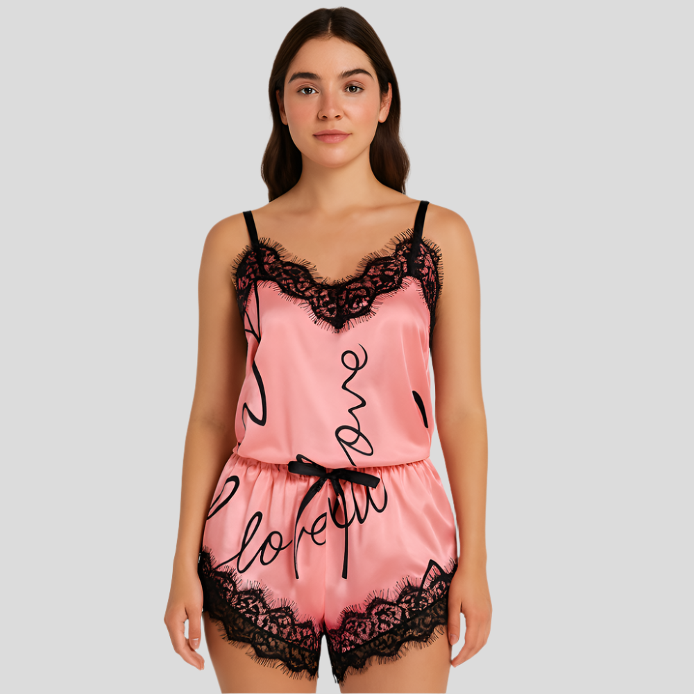 Ensemble de pyjama élégant à sequins pour femmes – Imprimé de lettres avec détail de nœud pour des nuits confortables