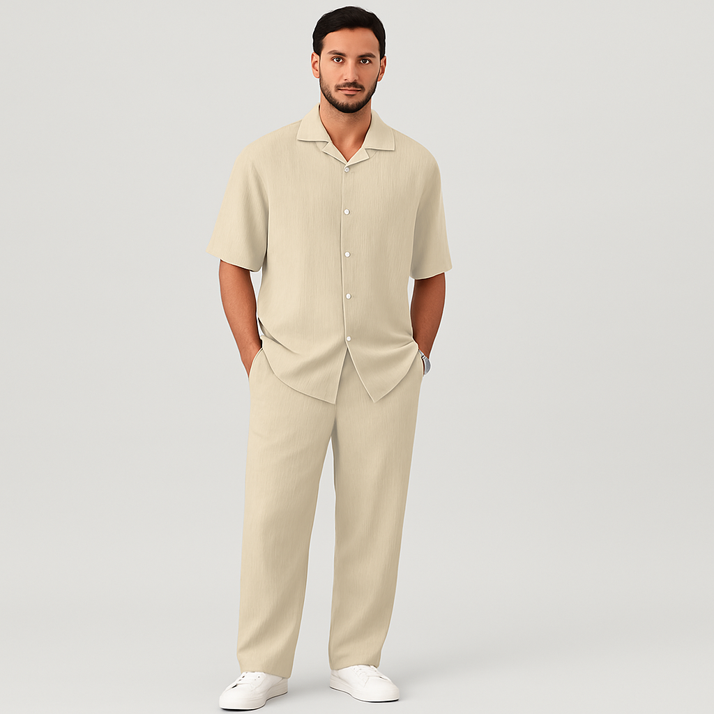 Ensemble d'entraînement pour hommes avec motif à rayures et manches courtes – haut à col à boutons et pantalon à taille élastique