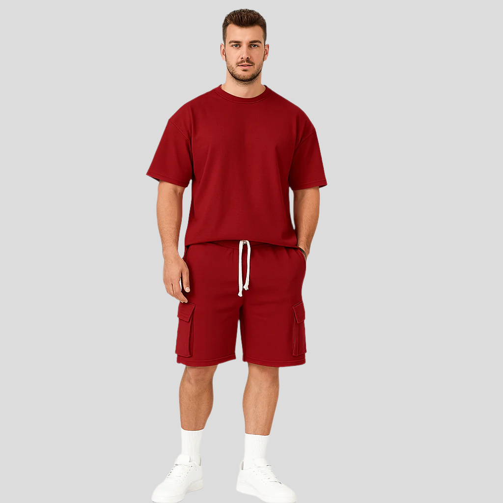Ensemble de vêtements de sport pour hommes – T-shirt en polyester respirant à col rond et short avec cordon de serrage et poches