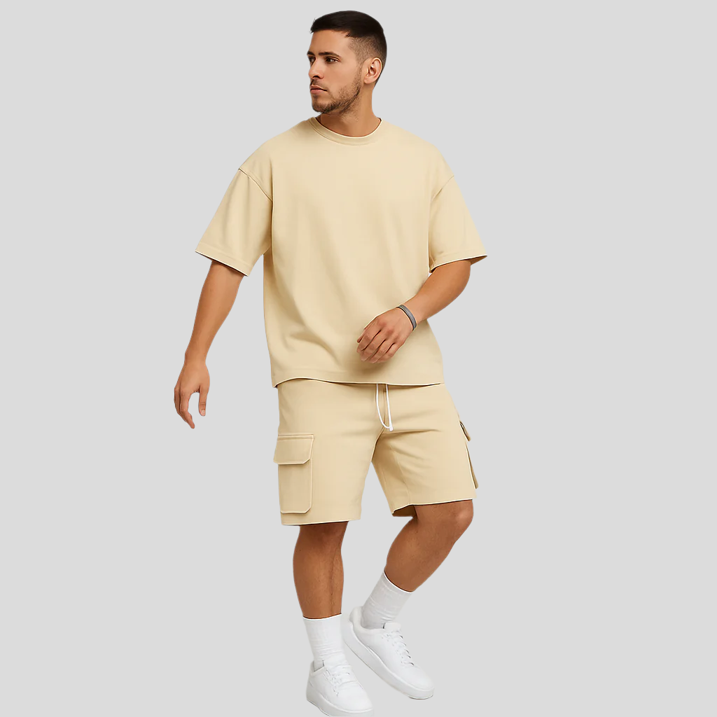Ensemble de vêtements de sport pour hommes – T-shirt en polyester respirant à col rond et short avec cordon de serrage et poches