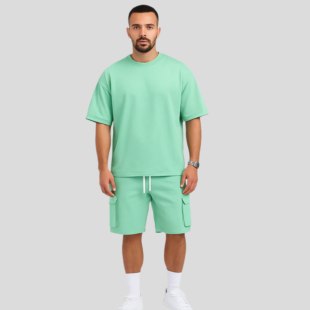 Ensemble de vêtements de sport pour hommes – T-shirt en polyester respirant à col rond et short avec cordon de serrage et poches