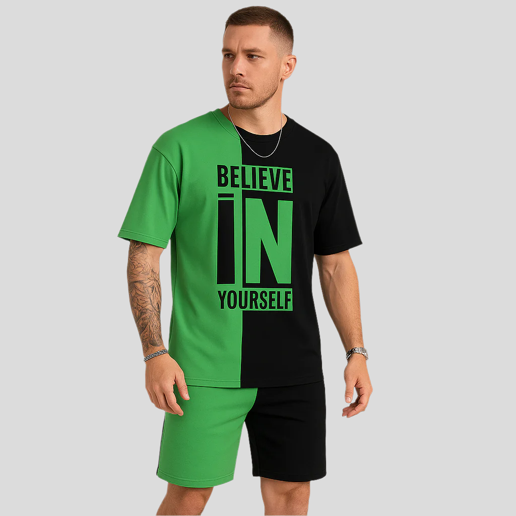 Ensemble de motivation pour hommes avec impression par blocs de couleurs – T-shirt « Crois en toi » et short assorti