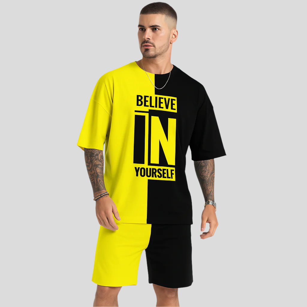 Ensemble de motivation pour hommes avec impression par blocs de couleurs – T-shirt « Crois en toi » et short assorti