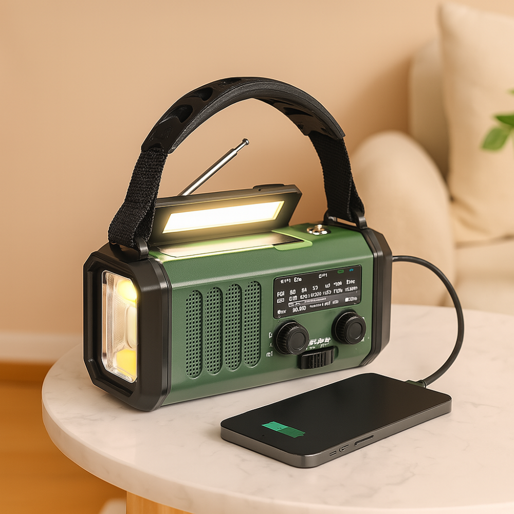 Radio d'urgence avec panneau solaire et manivelle – batterie externe de 10 000 mAh, radio météo AM/FM, lampe de poche, SOS et chargeur de téléphone