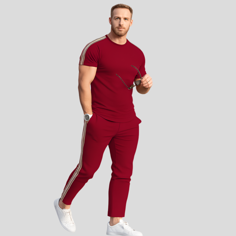 Tenue rétro streetwear pour hommes – T-shirt amples avec bandes latérales et pantalon assorti