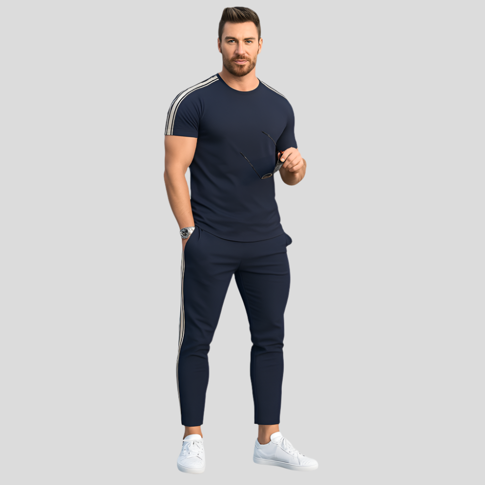 Tenue rétro streetwear pour hommes – T-shirt amples avec bandes latérales et pantalon assorti