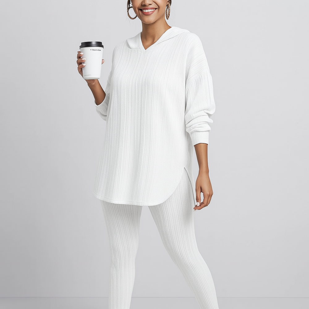 Ensemble deux pièces pour femme en maille côtelée – Sweat à capuche à manches longues et pantalon skinny – Tenue décontractée de loisirs