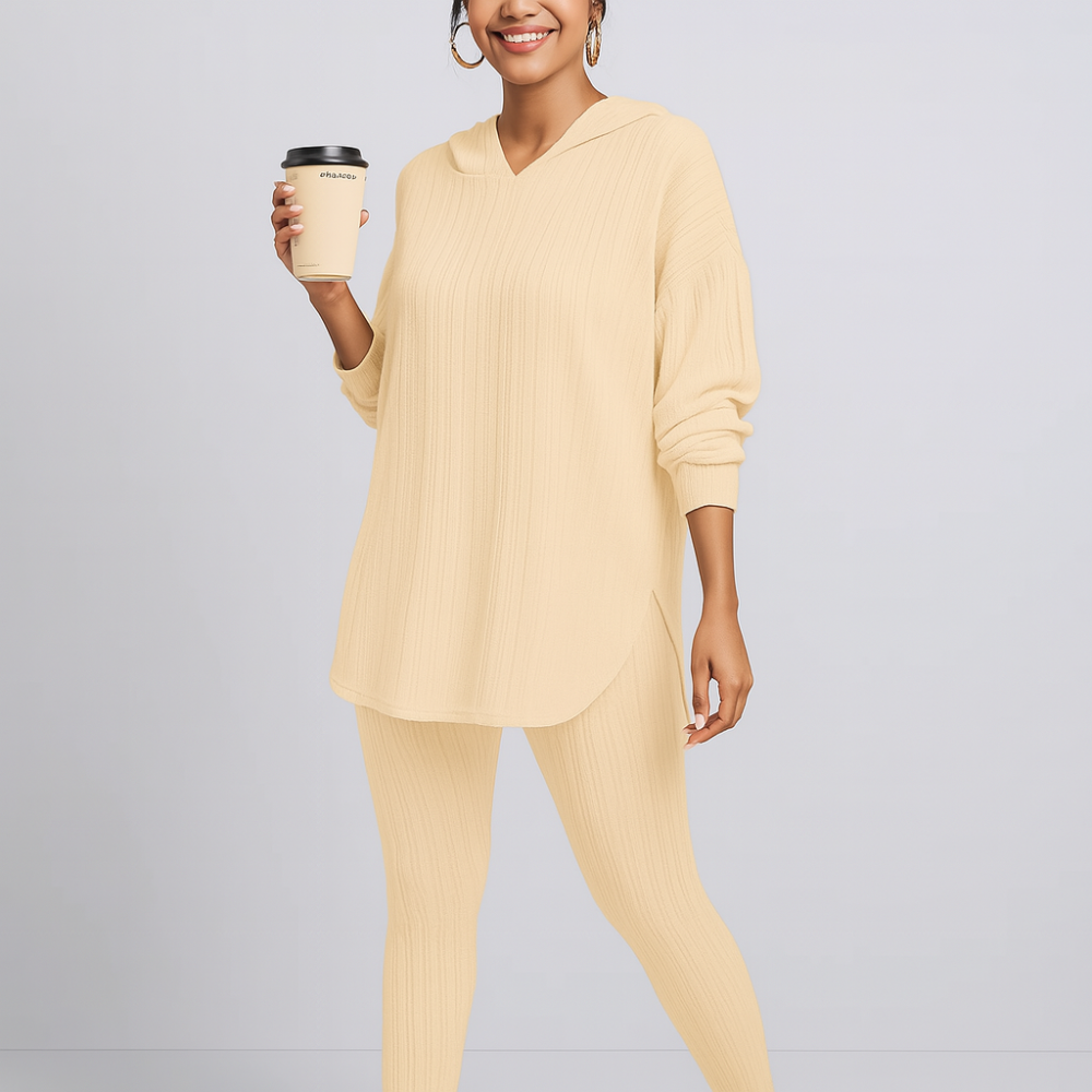 Ensemble deux pièces pour femme en maille côtelée – Sweat à capuche à manches longues et pantalon skinny – Tenue décontractée de loisirs