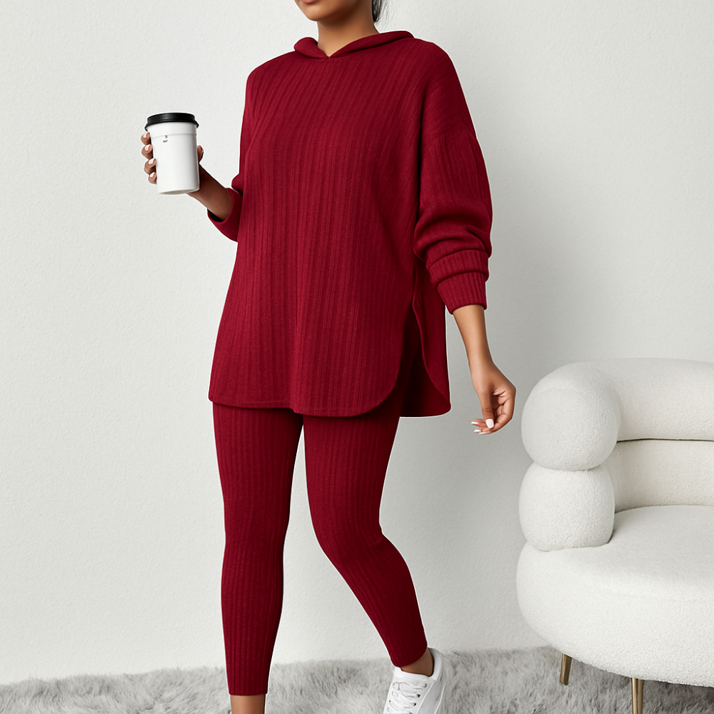 Ensemble deux pièces pour femme en maille côtelée – Sweat à capuche à manches longues et pantalon skinny – Tenue décontractée de loisirs