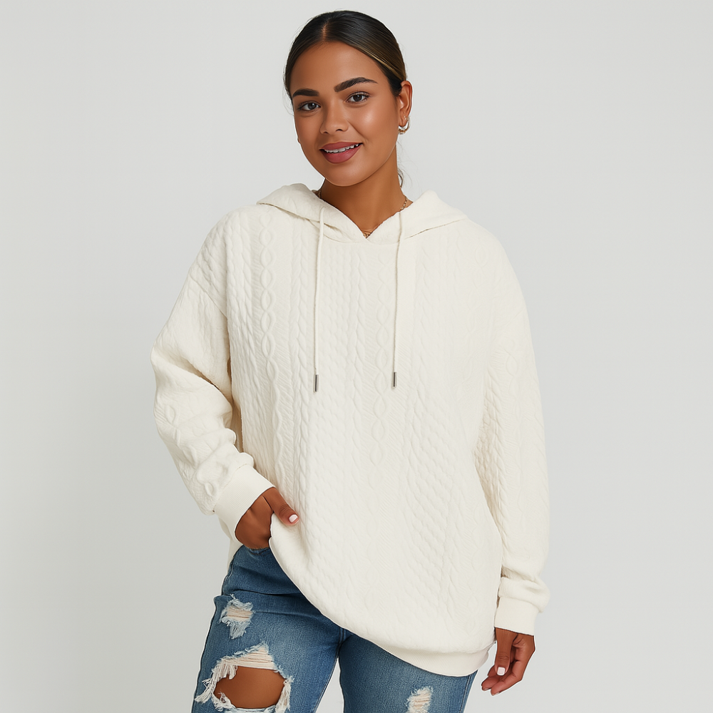 Sweat à capuche pour femmes en grandes tailles – Ras du cou uni en maille côtelée avec cordon de serrage & élasthanne