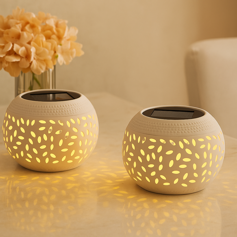 LumaWeave – Lampe de table solaire avec motif découpé en relief