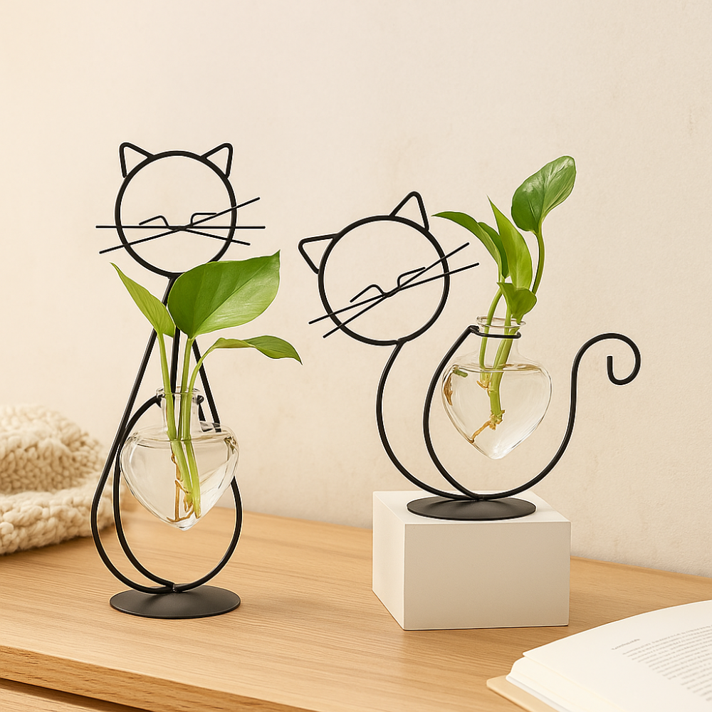 FelineBloom – Bac à plantes en verre en forme de cœur avec support inspiré des chats