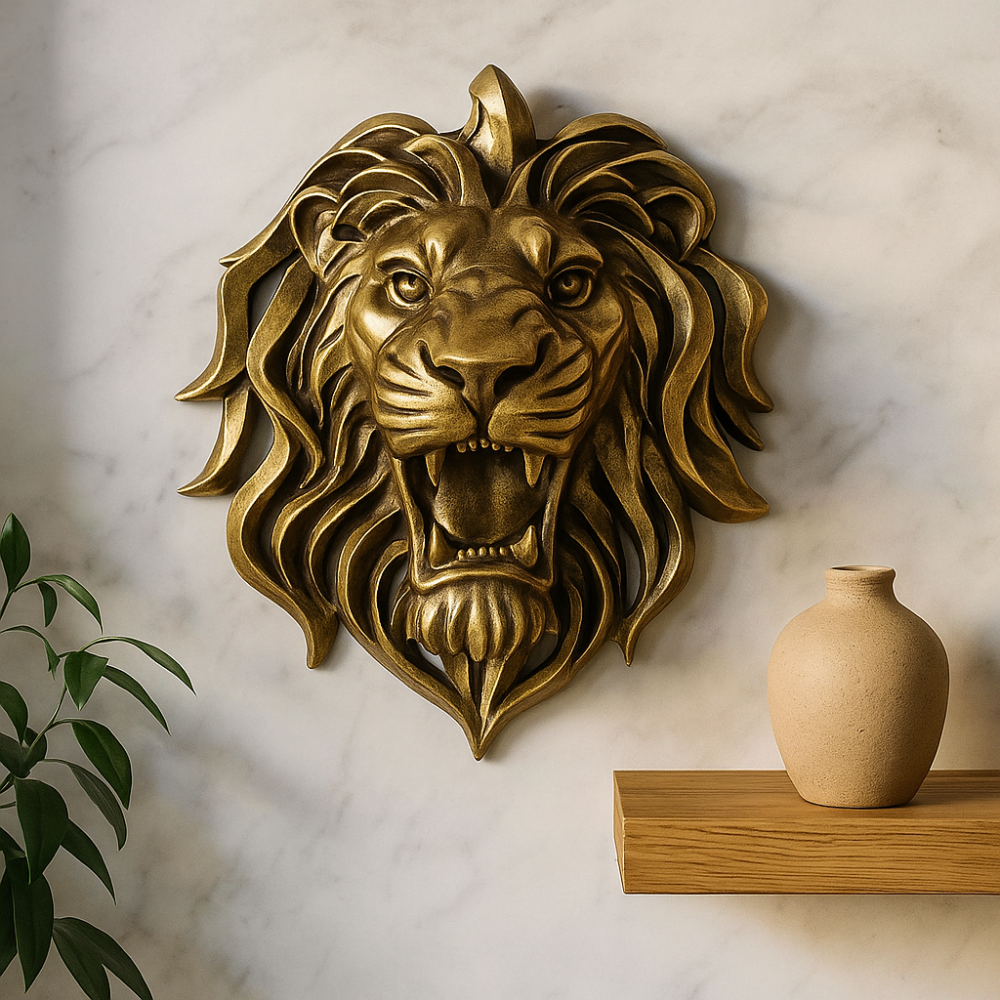 RegalRoar – Sculpture murale de tête de lion dorée et raffinée
