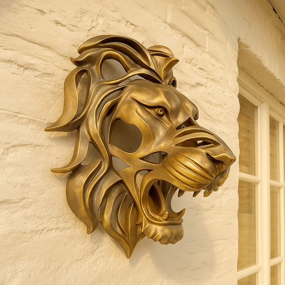 RegalRoar – Sculpture murale de tête de lion dorée et raffinée