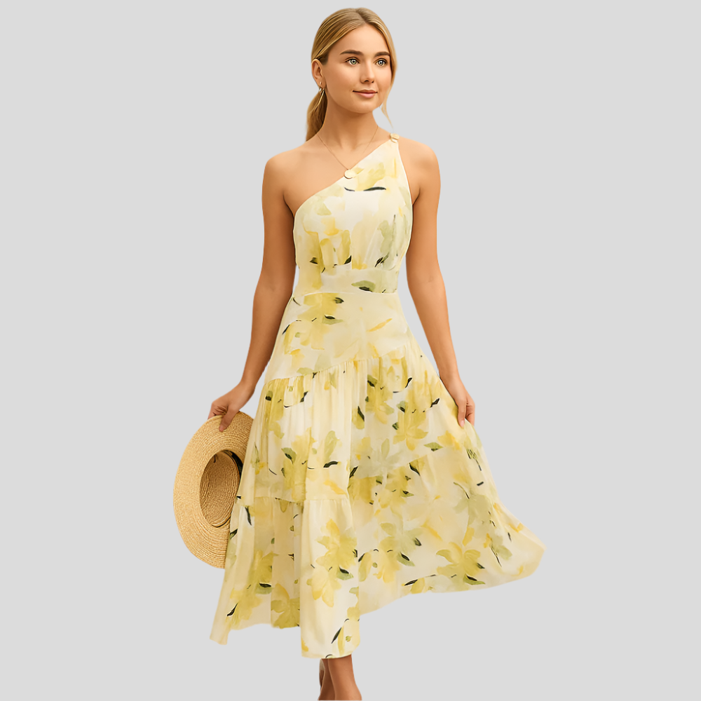Maelle – Robe mi-longue à imprimé lys fleurs avec une épaule pour les occasions ensoleillées