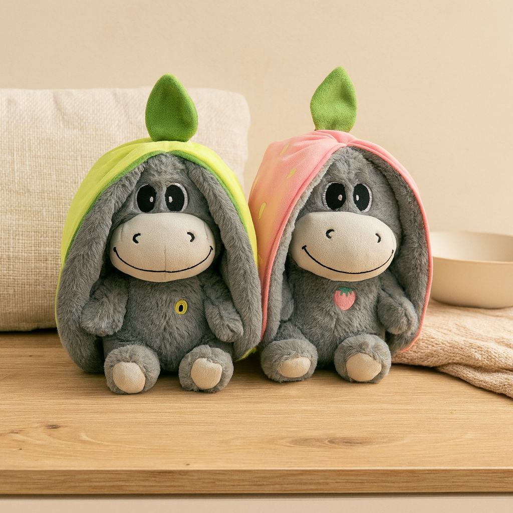 CuddleTwist – Adorables peluches d'âne avec capuchons amovibles en forme de fruits et sons apaisants | Peluches douces pour enfants