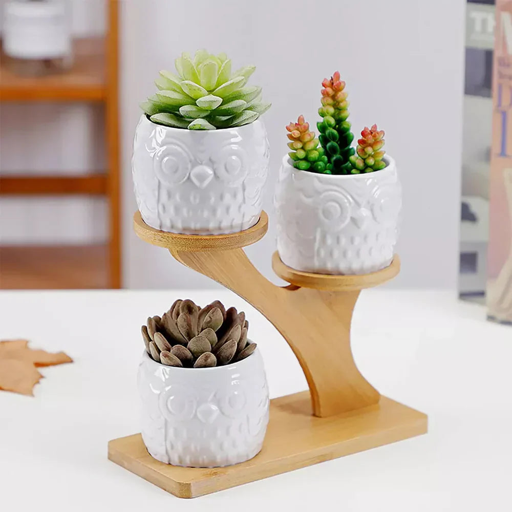 UgleTrio Support de Plante en Bois avec des Pots de Hibou Décoratifs pour une Utilisation Intérieure