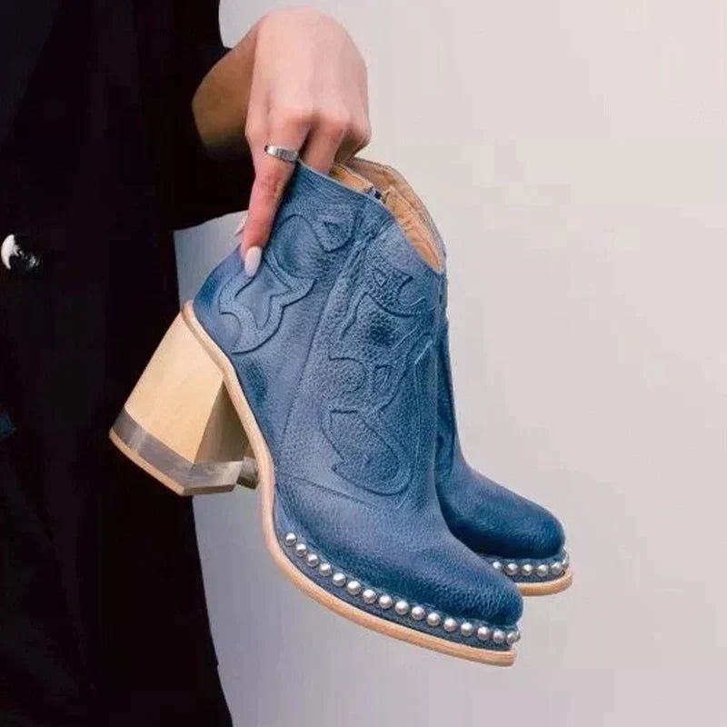 Edna – Bottines brodées à talon bloc et fermeture éclair latérale