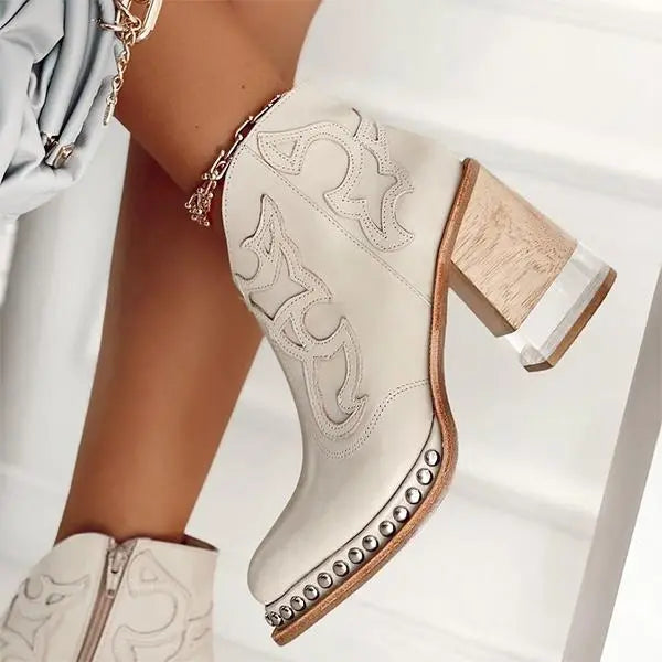 Edna – Bottines brodées à talon bloc et fermeture éclair latérale