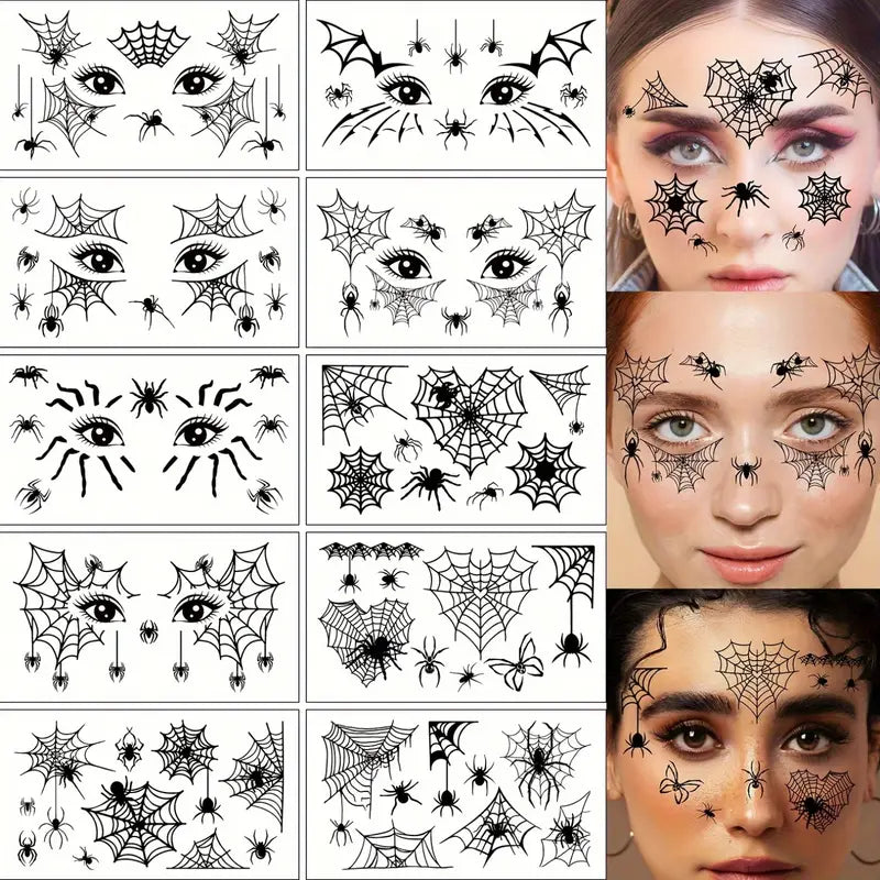 DarkAura | Pack de 10 tatouages faux pour Halloween – Motifs de toile d’araignée noire pour visage, bras et décoration de fête