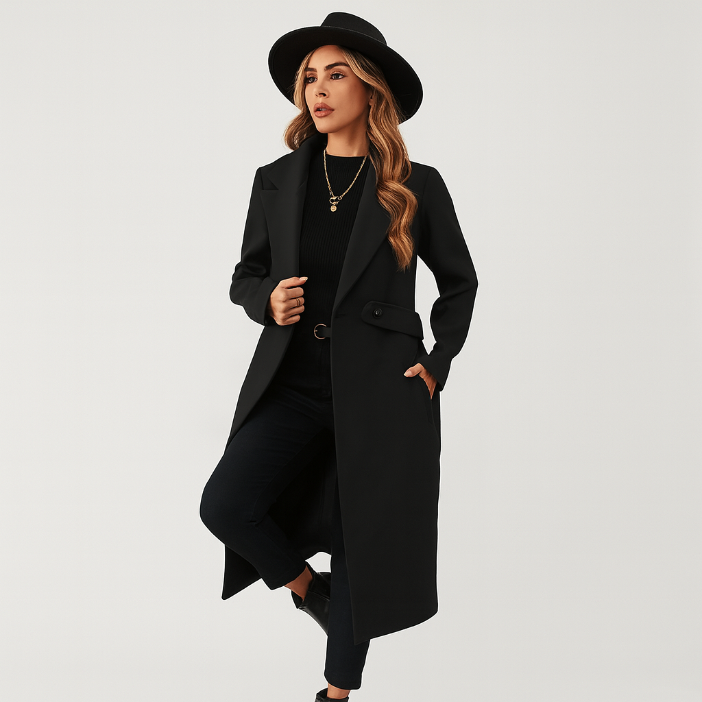Elavira | Manteau en tweed élégant et long avec ceinture réglable