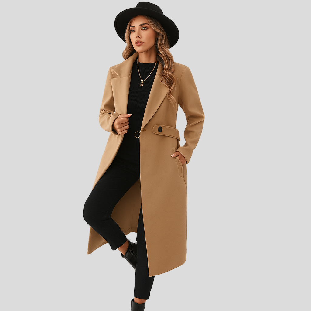 Elavira | Manteau en tweed élégant et long avec ceinture réglable