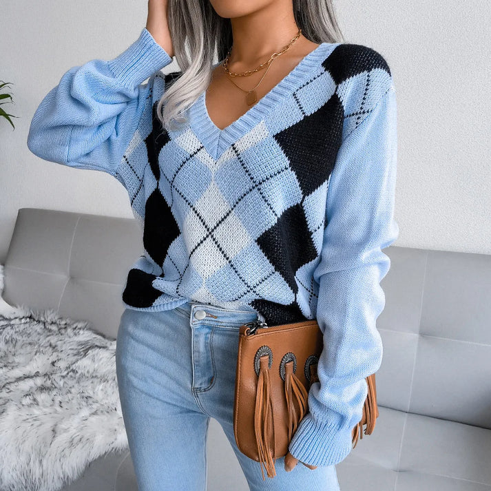 Pull en maille à col en V à manches longues avec imprimé argyle Scarlett