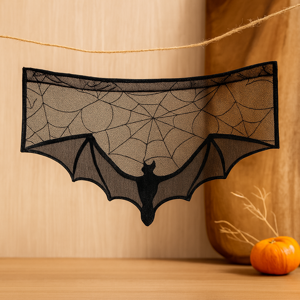 Décoration en dentelle gothique pour Halloween – Voile noir avec chauve-souris et toile d'araignée