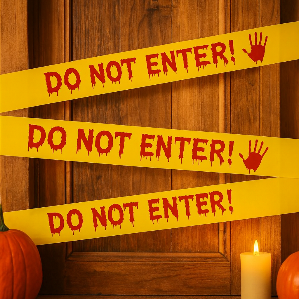 Bande d'alerte d'Halloween avec empreintes de mains ensanglantées – Rouleau de décoration en plastique de 25 m pour fête d'horreur et maison hantée