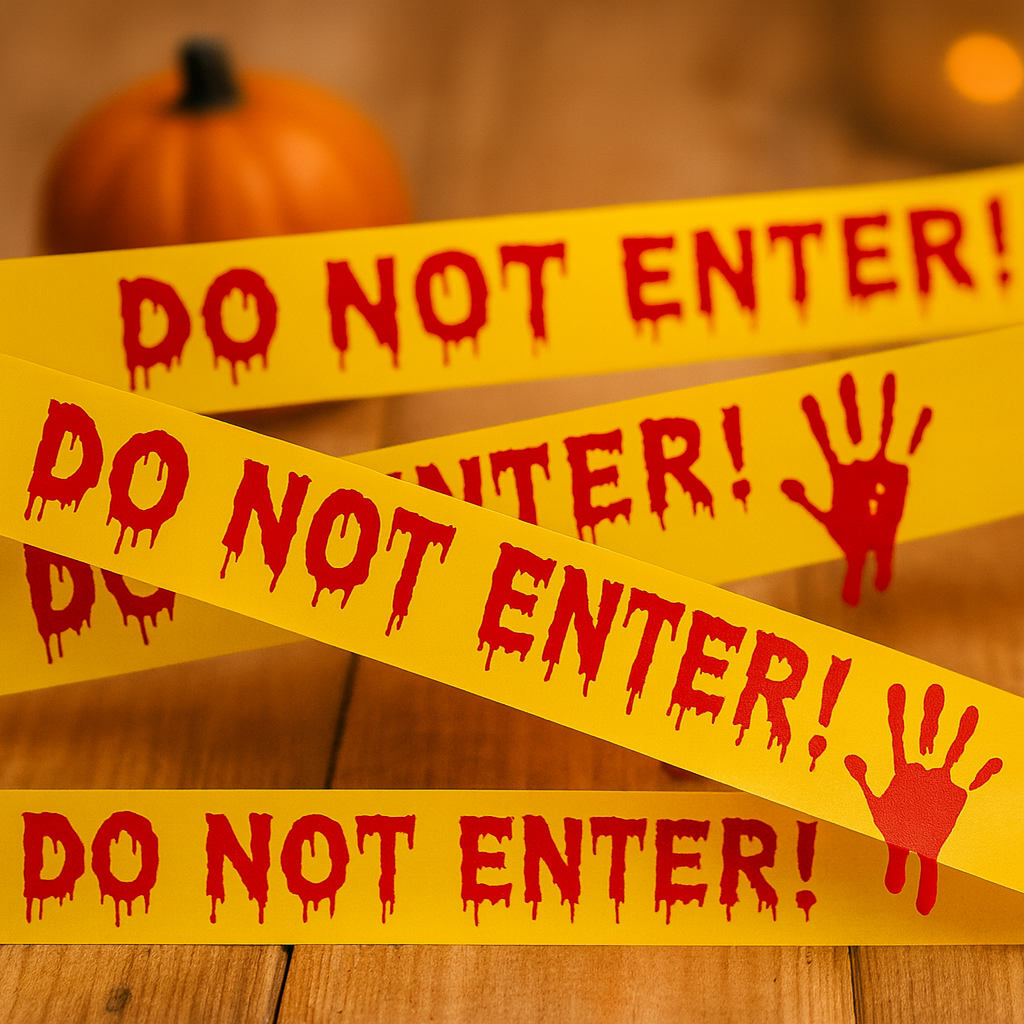 Bande d'alerte d'Halloween avec empreintes de mains ensanglantées – Rouleau de décoration en plastique de 25 m pour fête d'horreur et maison hantée