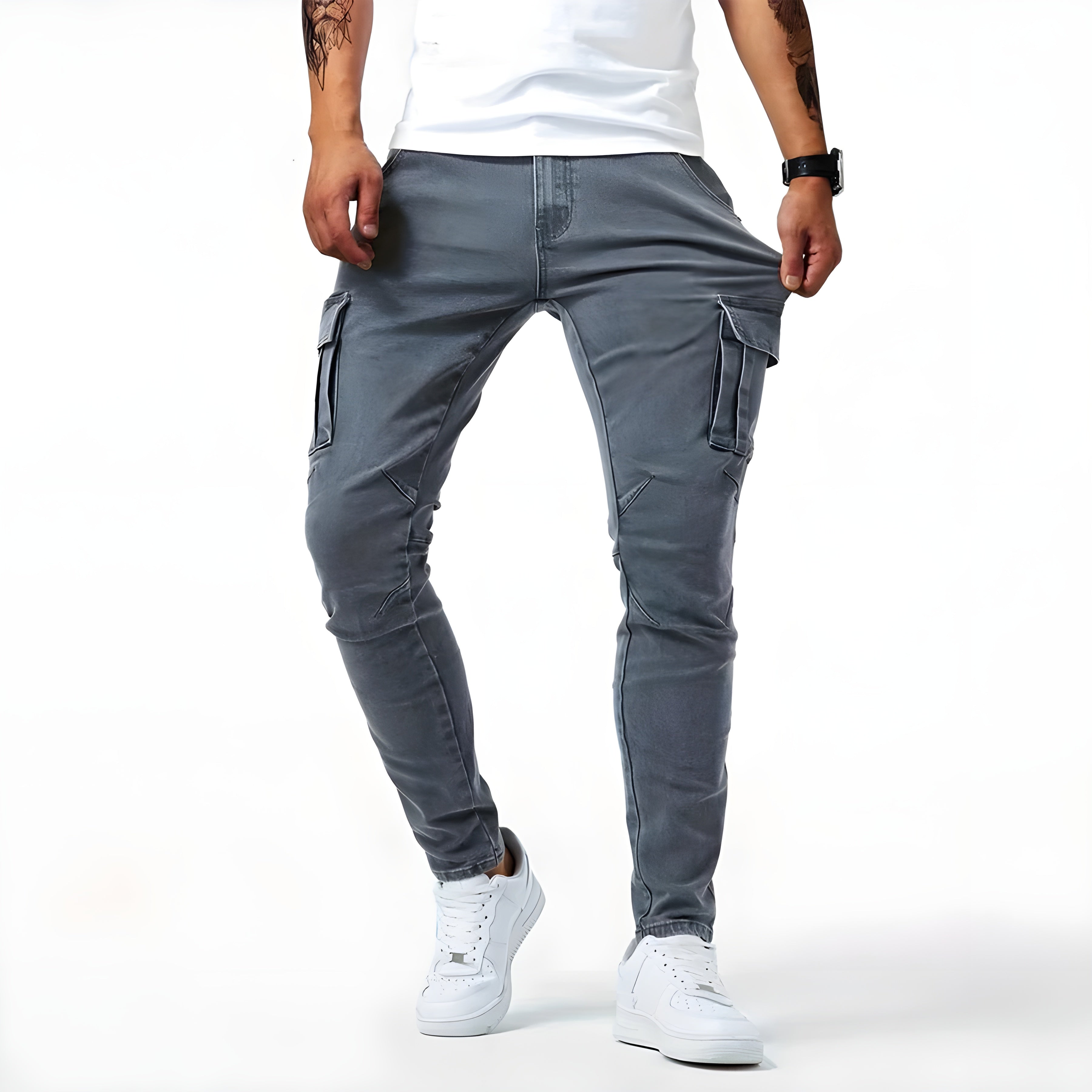 Timo - Pantalons cargo décontractés en denim à coupe slim avec poches latérales