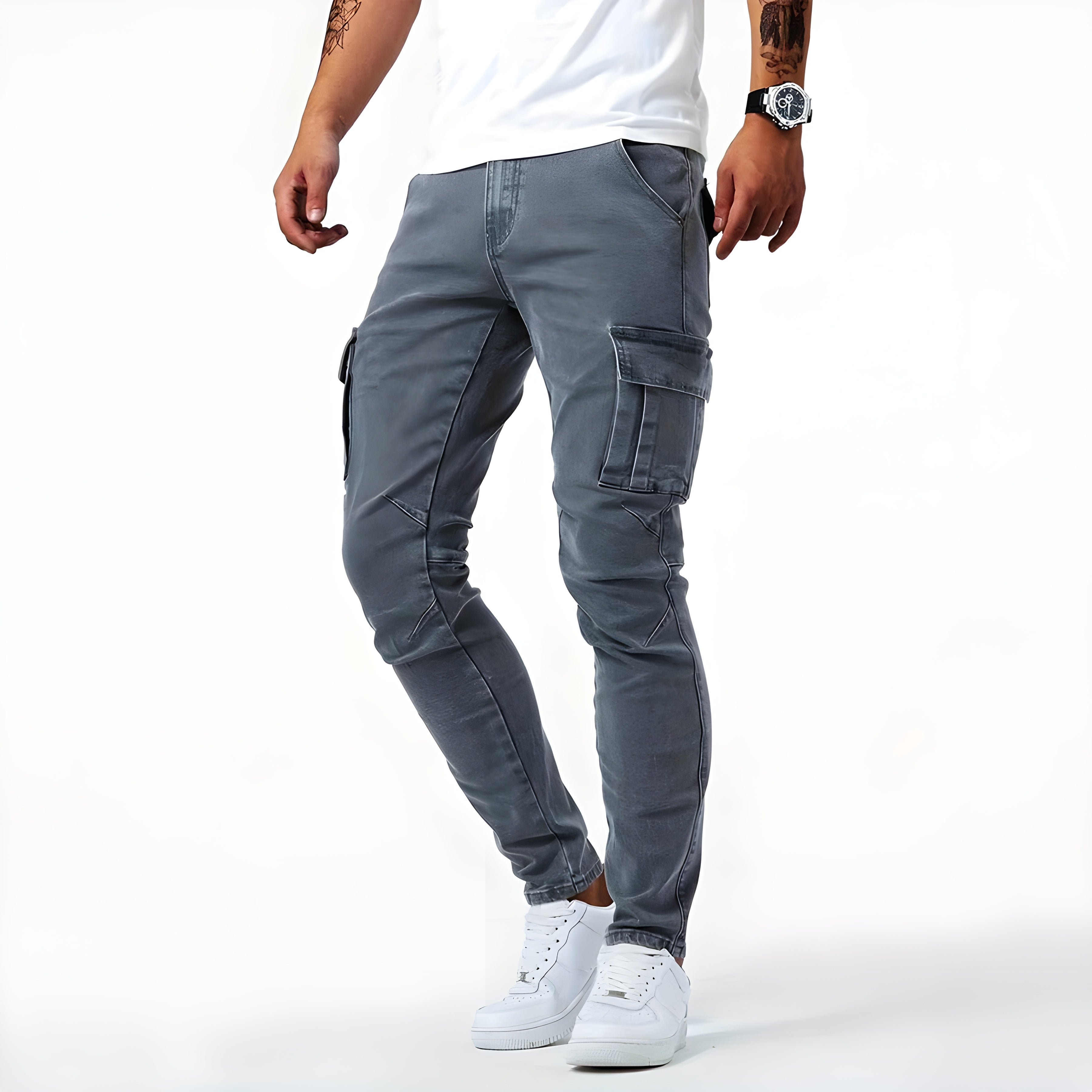 Timo - Pantalons cargo décontractés en denim à coupe slim avec poches latérales