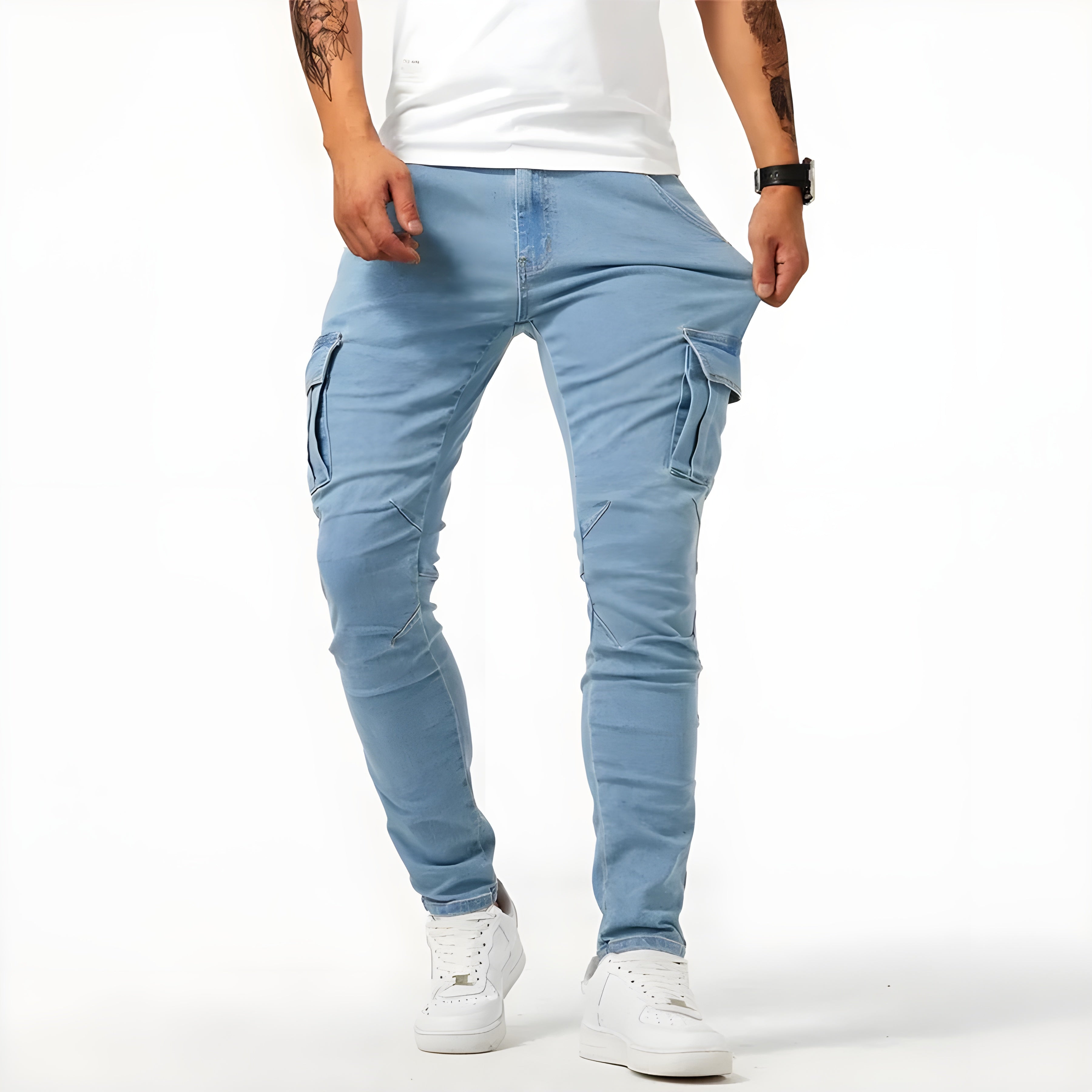 Timo - Pantalons cargo décontractés en denim à coupe slim avec poches latérales