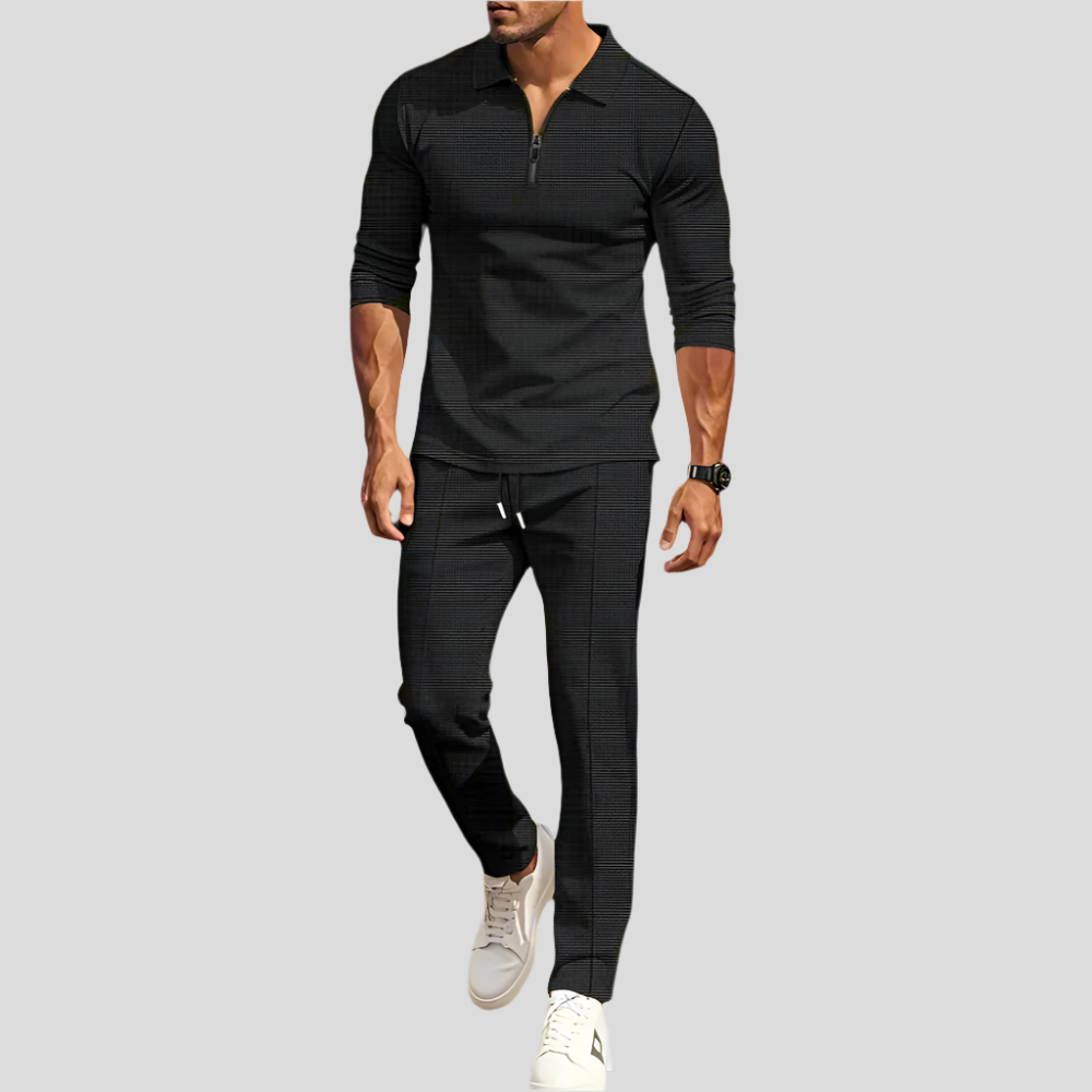 Ensemble streetwear décontracté pour hommes – haut à manches longues unicolore avec demi-zip et pantalon assorti, léger et respirant