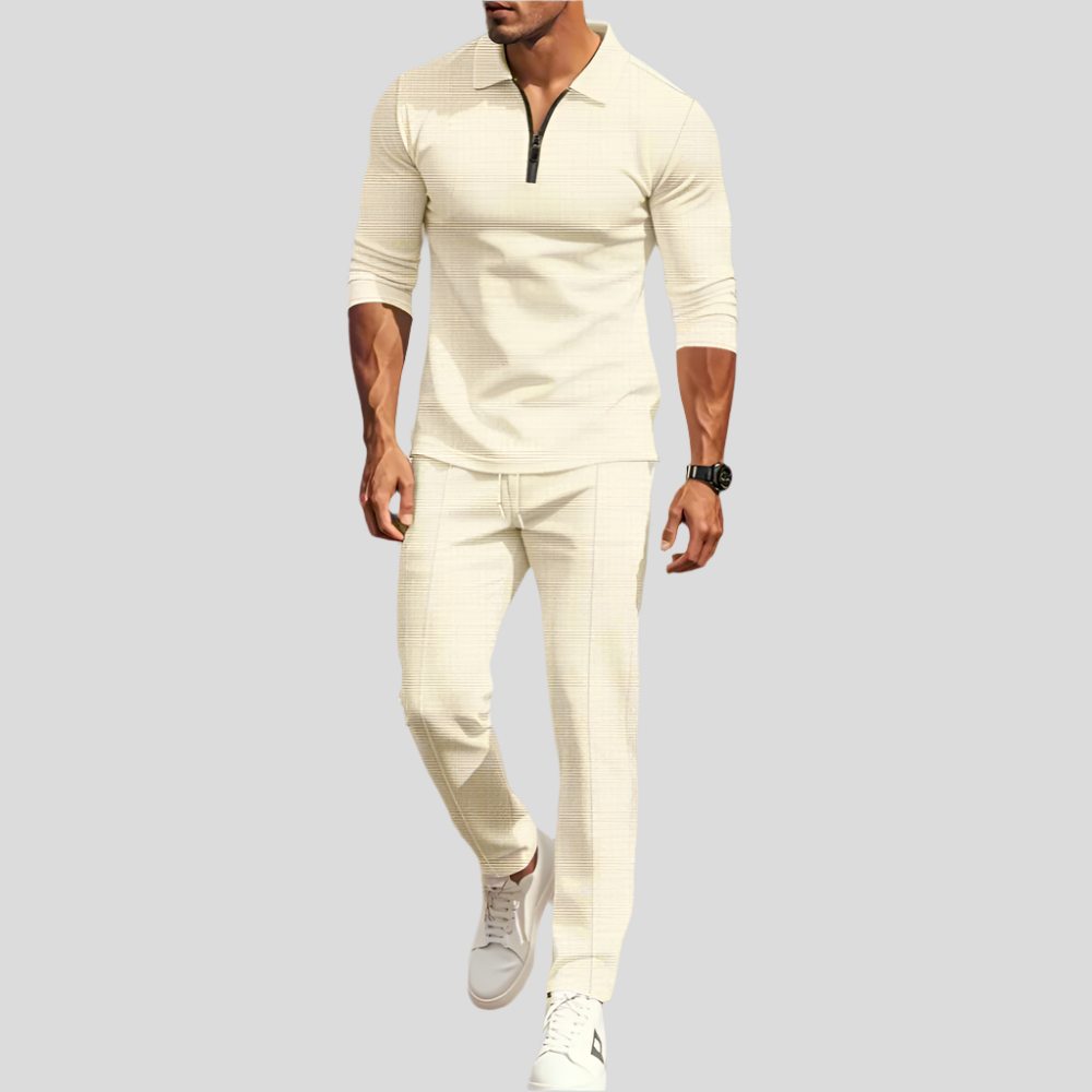 Ensemble streetwear décontracté pour hommes – haut à manches longues unicolore avec demi-zip et pantalon assorti, léger et respirant