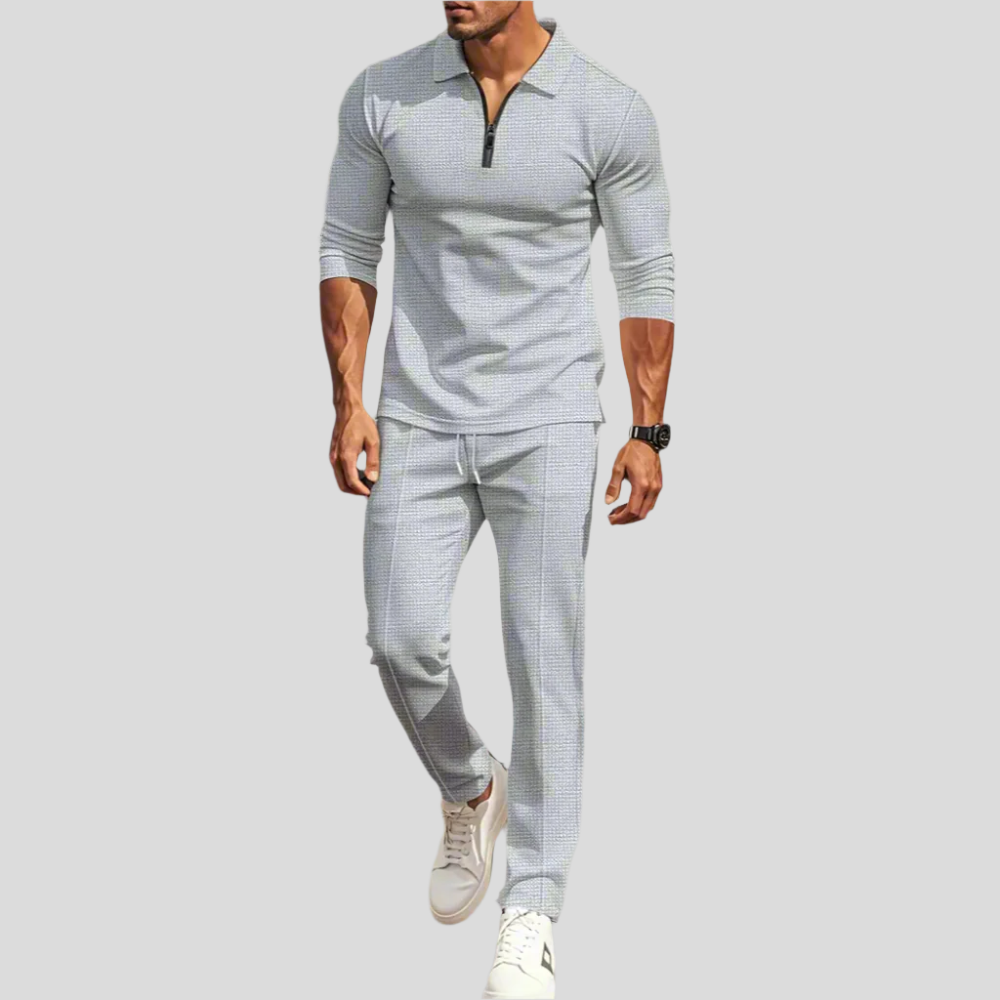 Ensemble streetwear décontracté pour hommes – haut à manches longues unicolore avec demi-zip et pantalon assorti, léger et respirant