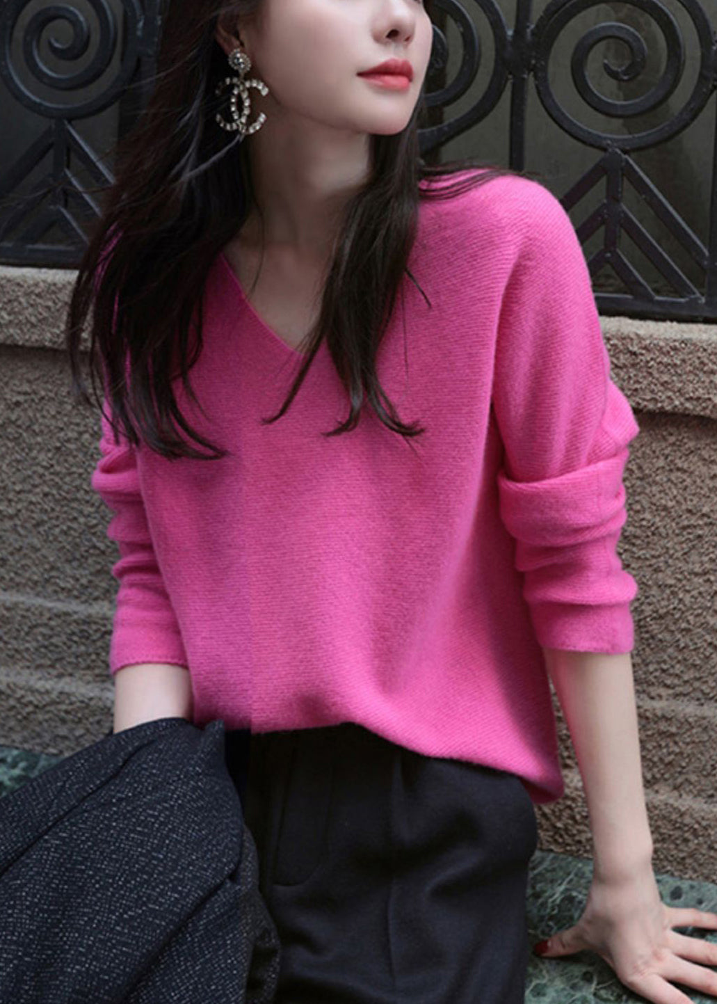 Nicole™ - Haut en laine chaud tricoté à col V en rose italien