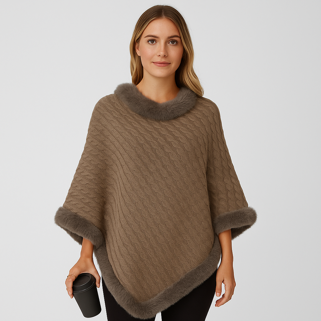 Loretta | Pull en tricot à motif Zopf, manches chauve-souris et bordure en fourrure